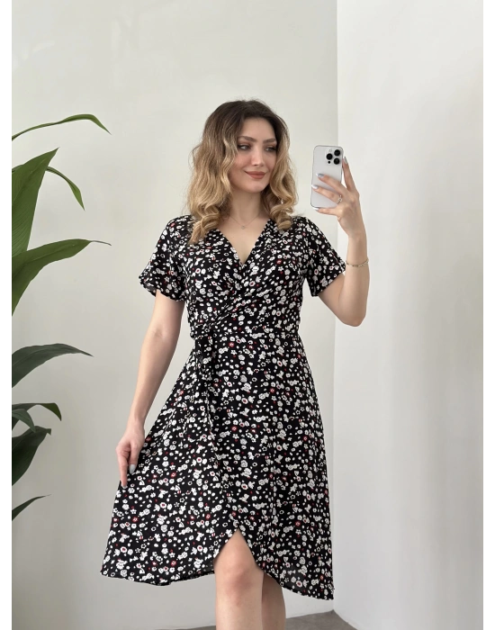 Asimetrik Kesim Önden Bağlamalı Viskon Elbise Siyah Beyaz