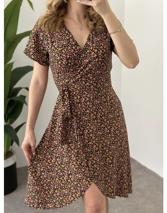 Asimetrik Kesim Önden Bağlamalı Viskon Elbise Siyah Pembe