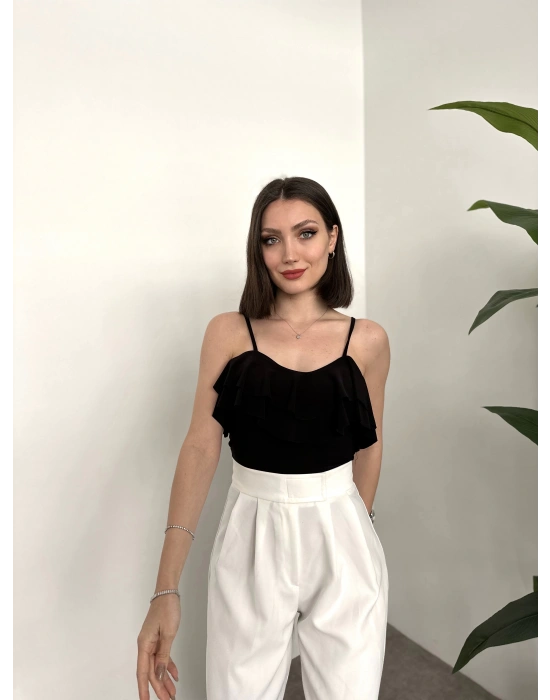 Askı Detaylı Volanlı İthal Sandy Bluz Siyah