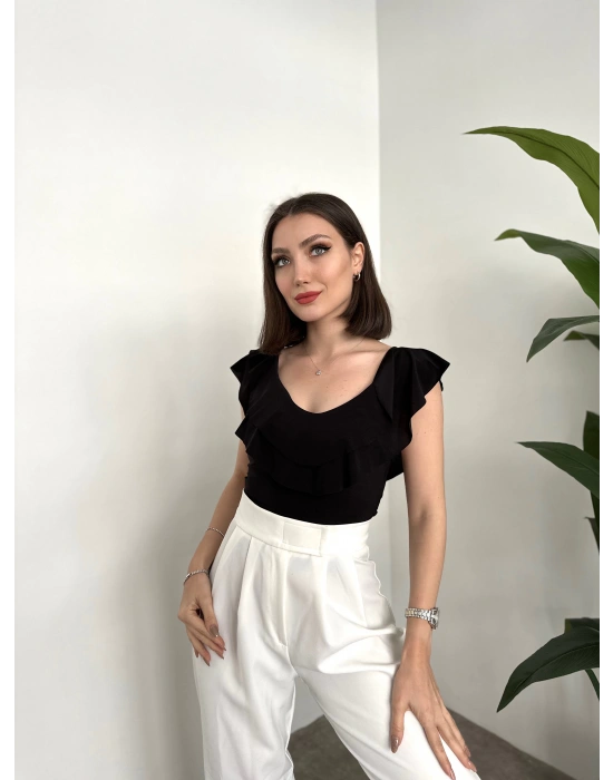 Askı Detaylı Volanlı İthal Sandy Bluz Siyah