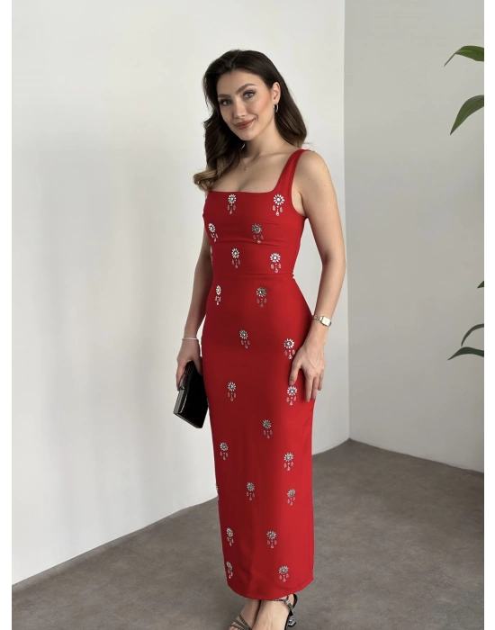 Askılı boncuk detaylı kalem elbise kırmızı