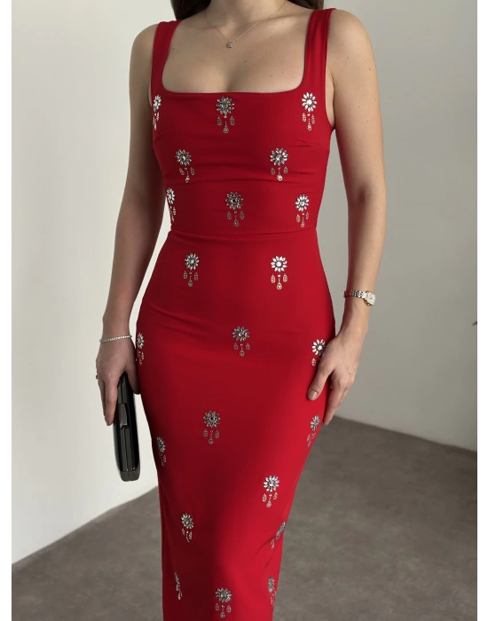 Askılı boncuk detaylı kalem elbise kırmızı