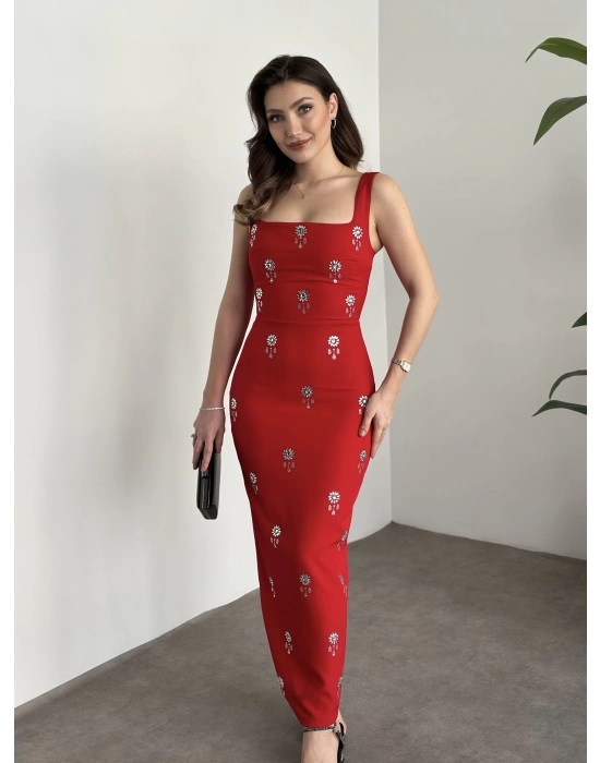 Askılı boncuk detaylı kalem elbise kırmızı