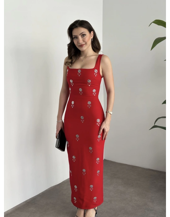 Askılı boncuk detaylı kalem elbise kırmızı