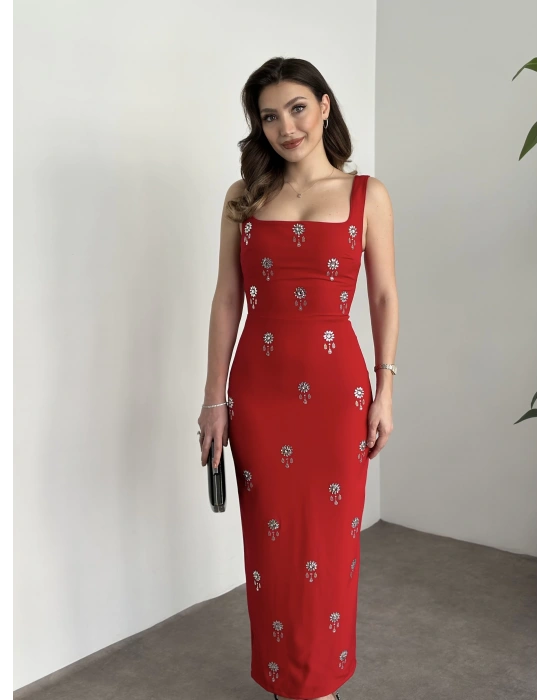 Askılı boncuk detaylı kalem elbise kırmızı