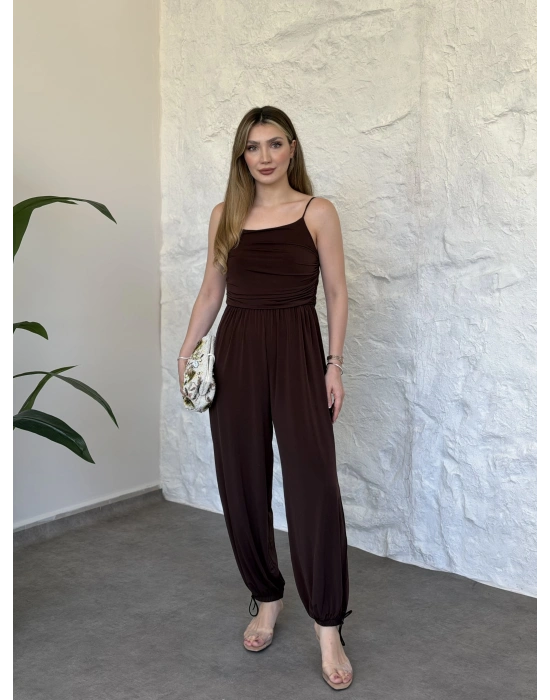Askılı sandy kumaş tulum kahve