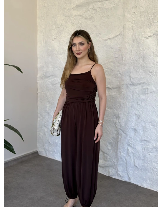 Askılı sandy kumaş tulum kahve