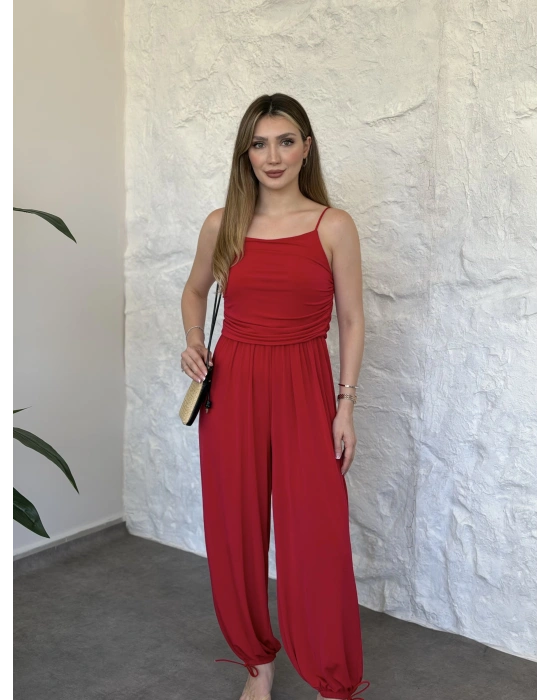 Askılı sandy kumaş tulum kırmızı