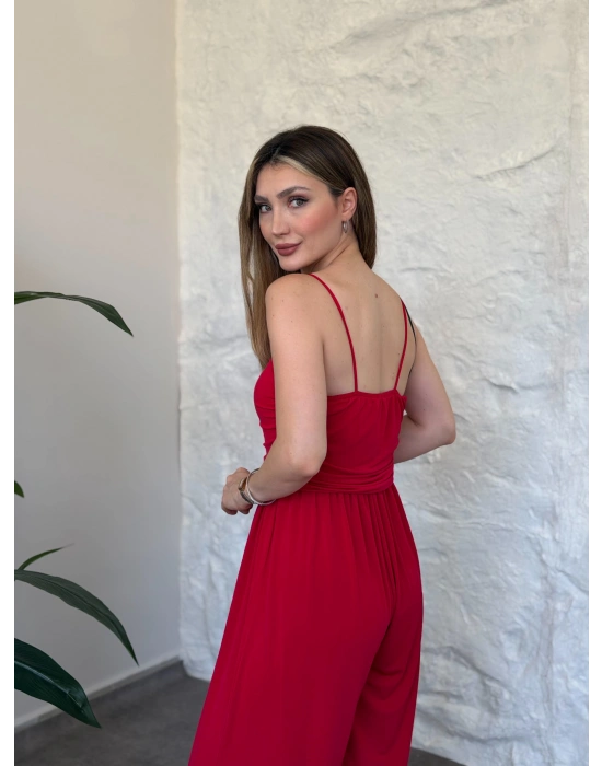 Askılı sandy kumaş tulum kırmızı