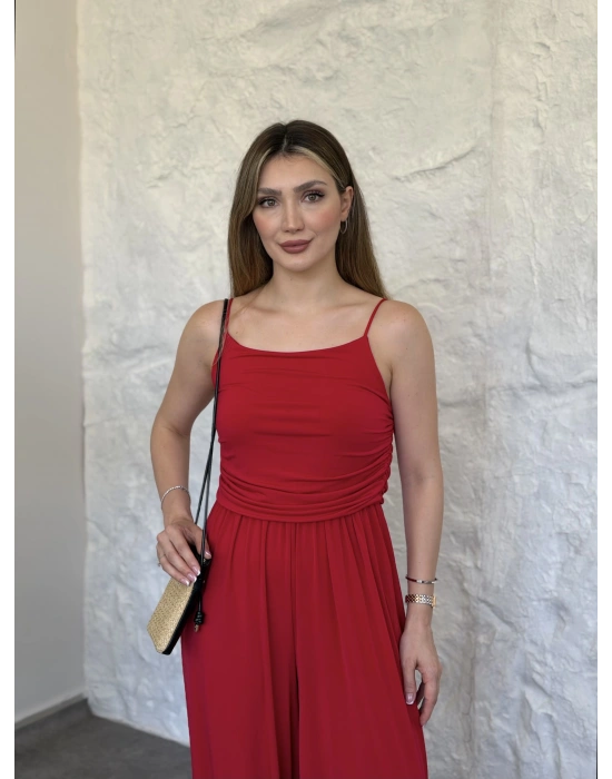 Askılı sandy kumaş tulum kırmızı