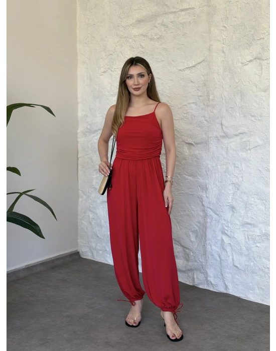 Askılı sandy kumaş tulum kırmızı