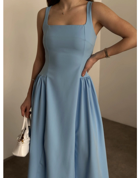 Askılı yanları piliseli midi boy elbise bebek mavisi