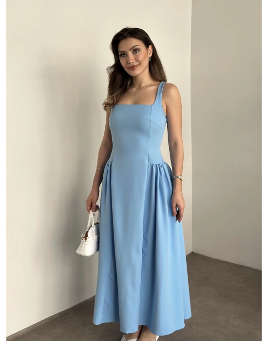 Askılı yanları piliseli midi boy elbise bebek mavisi