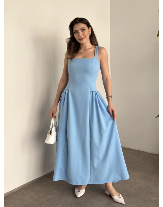 Askılı yanları piliseli midi boy elbise bebek mavisi