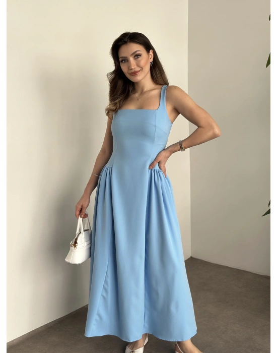 Askılı yanları piliseli midi boy elbise bebek mavisi