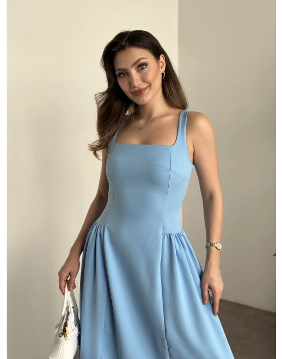 Askılı yanları piliseli midi boy elbise bebek mavisi