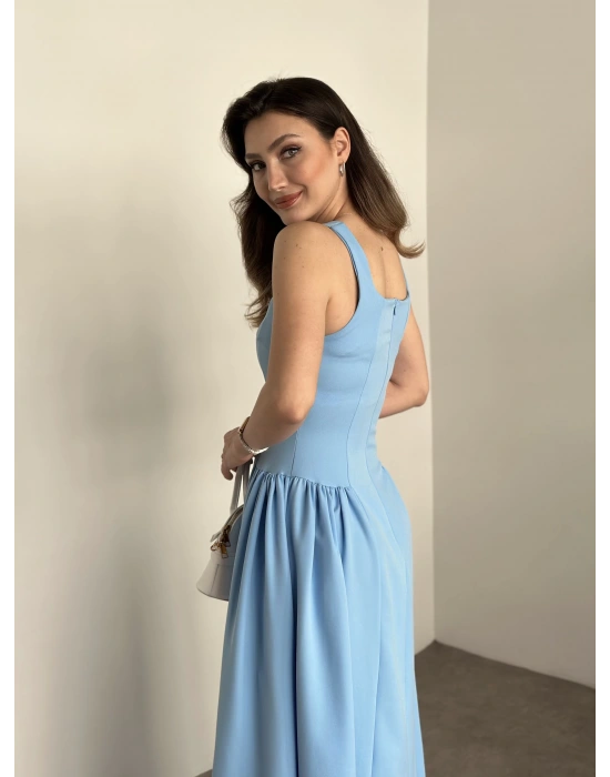 Askılı yanları piliseli midi boy elbise bebek mavisi