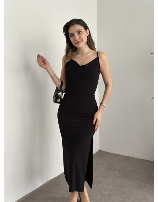 Askılı yırtmaç detaylı ithal sandy kumaş elbise siyah