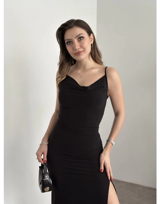 Askılı yırtmaç detaylı ithal sandy kumaş elbise siyah