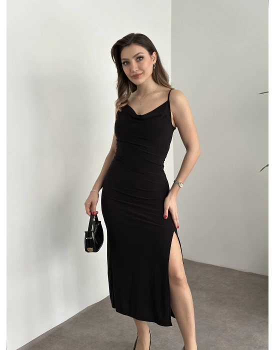 Askılı yırtmaç detaylı ithal sandy kumaş elbise siyah