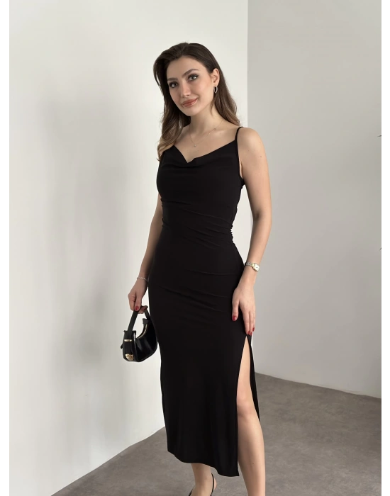 Askılı yırtmaç detaylı ithal sandy kumaş elbise siyah