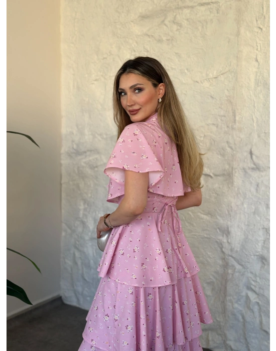 Askısı ayarlanabilir pelerinli kat katlı elbise pembe