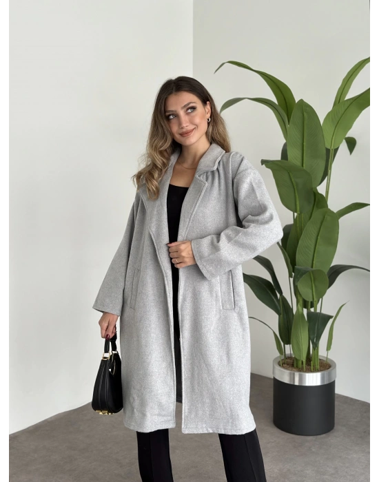 Astarsiz kaşe uzun trenç gri