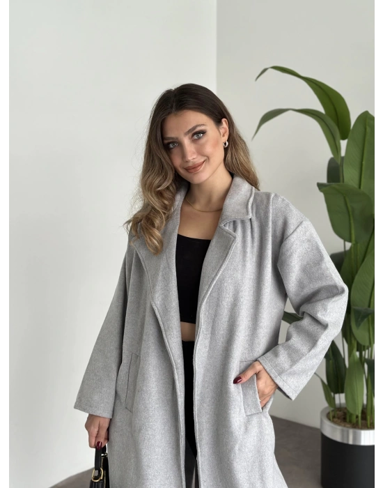 Astarsiz kaşe uzun trenç gri