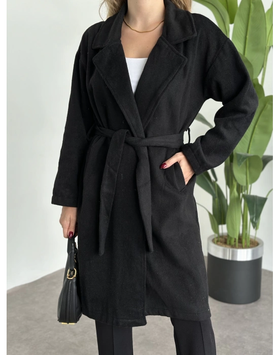 Astarsiz kaşe uzun trenç siyah