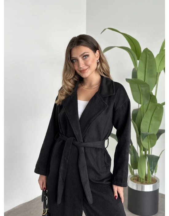 Astarsiz kaşe uzun trenç siyah