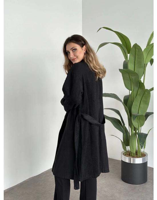 Astarsiz kaşe uzun trenç siyah