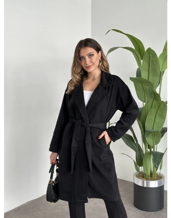 Astarsiz kaşe uzun trenç siyah