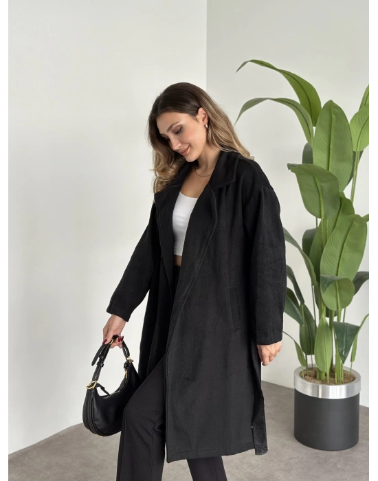 Astarsiz kaşe uzun trenç siyah