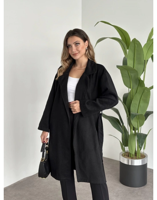 Astarsiz kaşe uzun trenç siyah