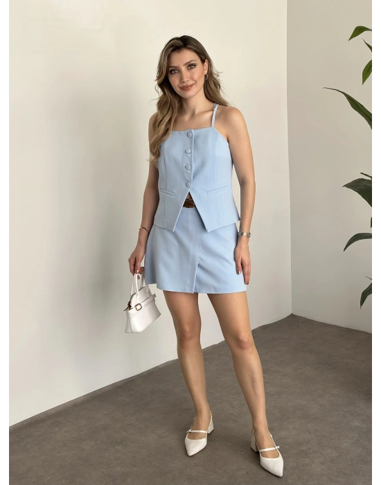 Ayarlanabilir askılı şort etekli mini takım bebek mavisi