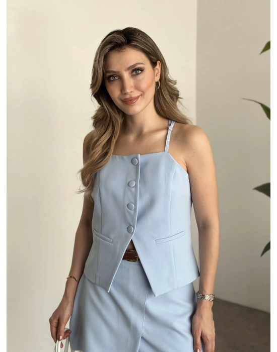 Ayarlanabilir askılı şort etekli mini takım bebek mavisi