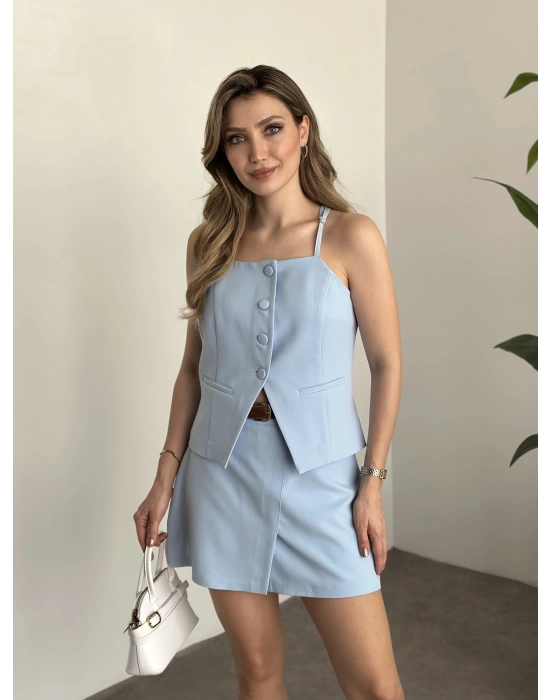 Ayarlanabilir askılı şort etekli mini takım bebek mavisi