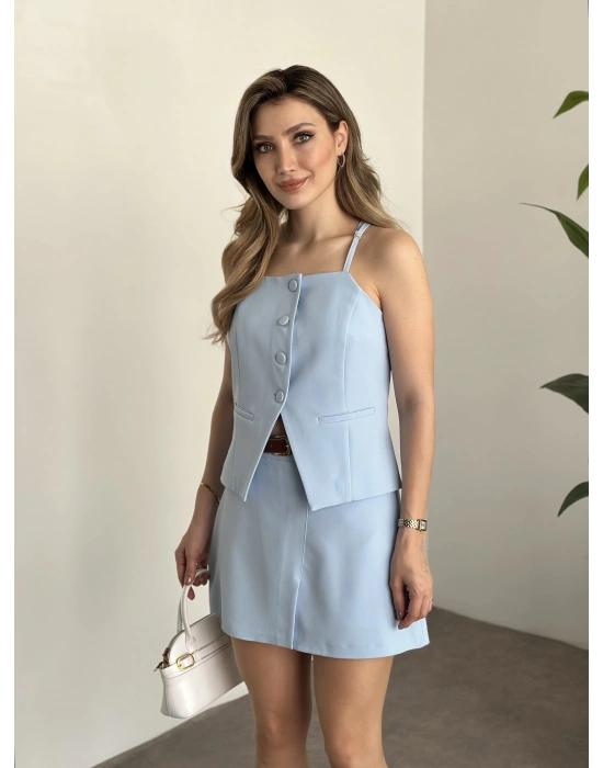 Ayarlanabilir askılı şort etekli mini takım bebek mavisi