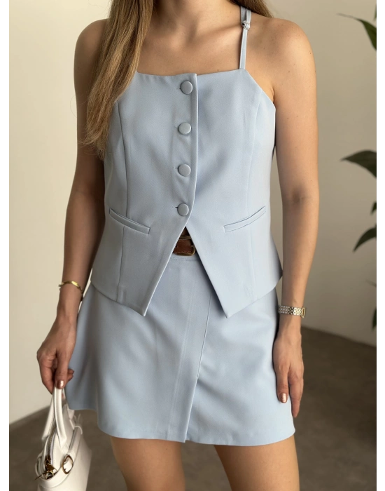 Ayarlanabilir askılı şort etekli mini takım bebek mavisi