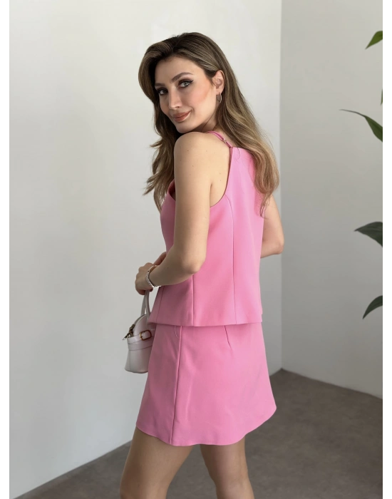 Ayarlanabilir askılı şort etekli mini takım pembe