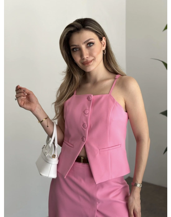 Ayarlanabilir askılı şort etekli mini takım pembe