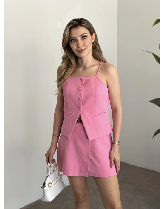 Ayarlanabilir askılı şort etekli mini takım pembe