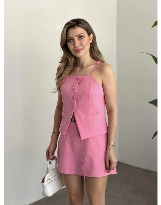 Ayarlanabilir askılı şort etekli mini takım pembe