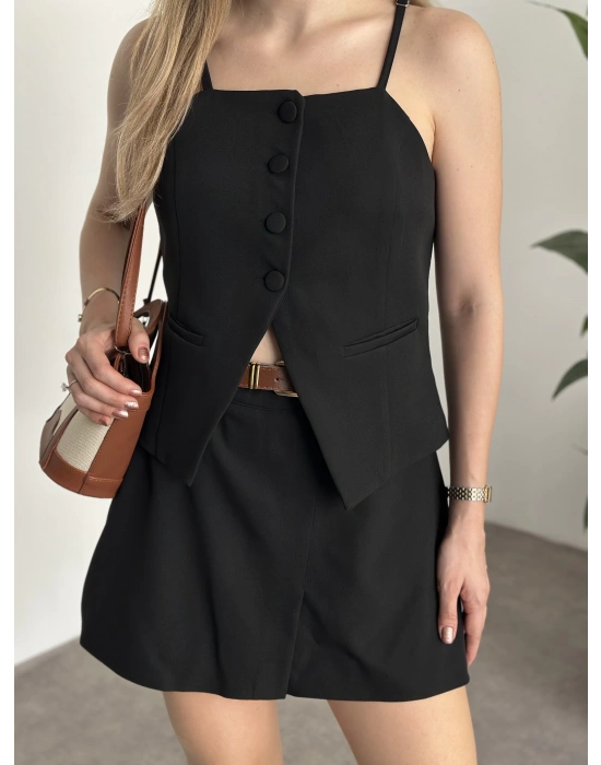 Ayarlanabilir askılı şort etekli mini takım siyah