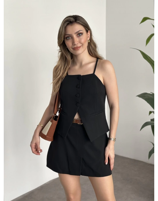 Ayarlanabilir askılı şort etekli mini takım siyah
