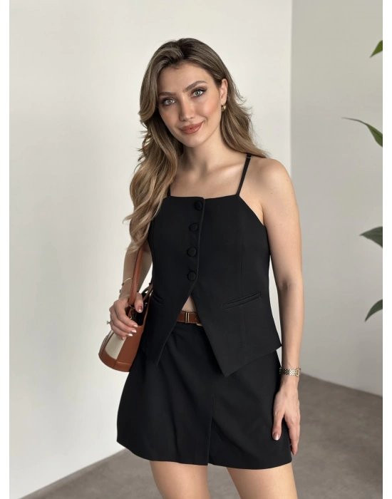 Ayarlanabilir askılı şort etekli mini takım siyah