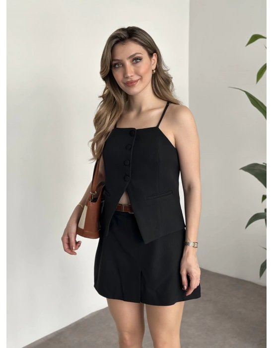 Ayarlanabilir askılı şort etekli mini takım siyah