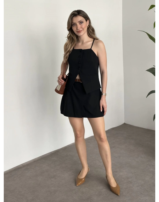 Ayarlanabilir askılı şort etekli mini takım siyah