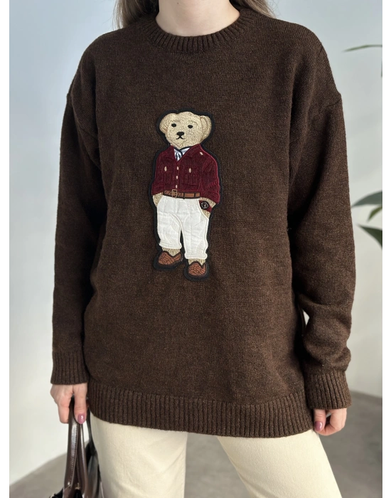 Ayıcık nakış detay kazak kahve