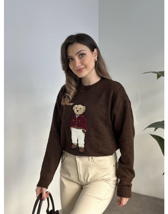 Ayıcık nakış detay kazak kahve